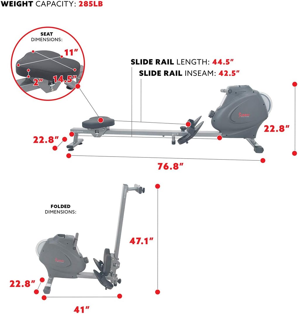 Sunny Health & Fitness Rower w/Long Slide Rail, Cardio Rowing Equipment for Home Gym Training w/LCD Monitor & Device Holder, Optional Free SunnyFit App Bluetooth Connection