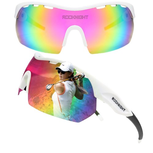 ROCKNIGHT Cycling Glasses Sports HD Polarized Sunglasses UV Protection Outdoor Pink Mirror Sunglasses for Women White Frame