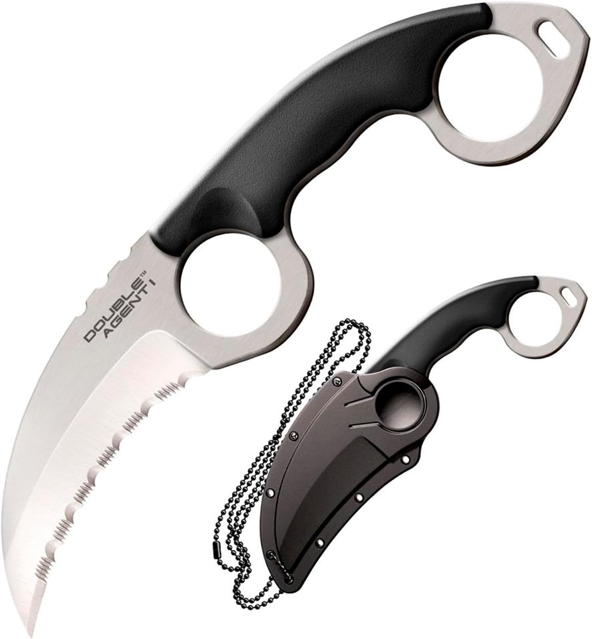 Cold Steel Double Agent Durable Lightweight Japanese AUS8A Steel Karambit Shape 3" Fixed Blade Tactical Outdoor Hunting Knife, Kray-Ex Handle, Secure-Ex Sheath