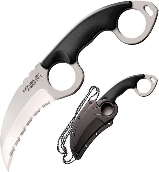 Cold Steel Double Agent Durable Lightweight Japanese AUS8A Steel Karambit Shape 3" Fixed Blade Tactical Outdoor Hunting Knife, Kray-Ex Handle, Secure-Ex Sheath