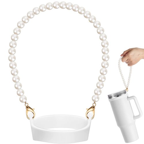 SiliFine Silicone Water Bottle Handle Holder with Pearl Strap Compatible with Stanley Cup Accessories Charms Sling Water Bottle Carrier Holde Fits Most 8-40 oz Tumbler Gift for Woman(White)