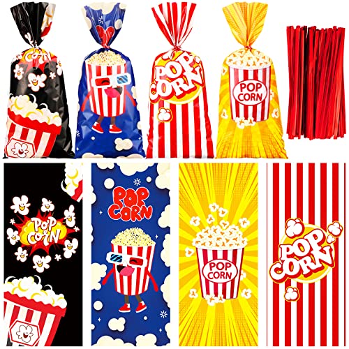 Popcorn Gift Bags 100 Pack with Red & White Stripes and Twist Ties