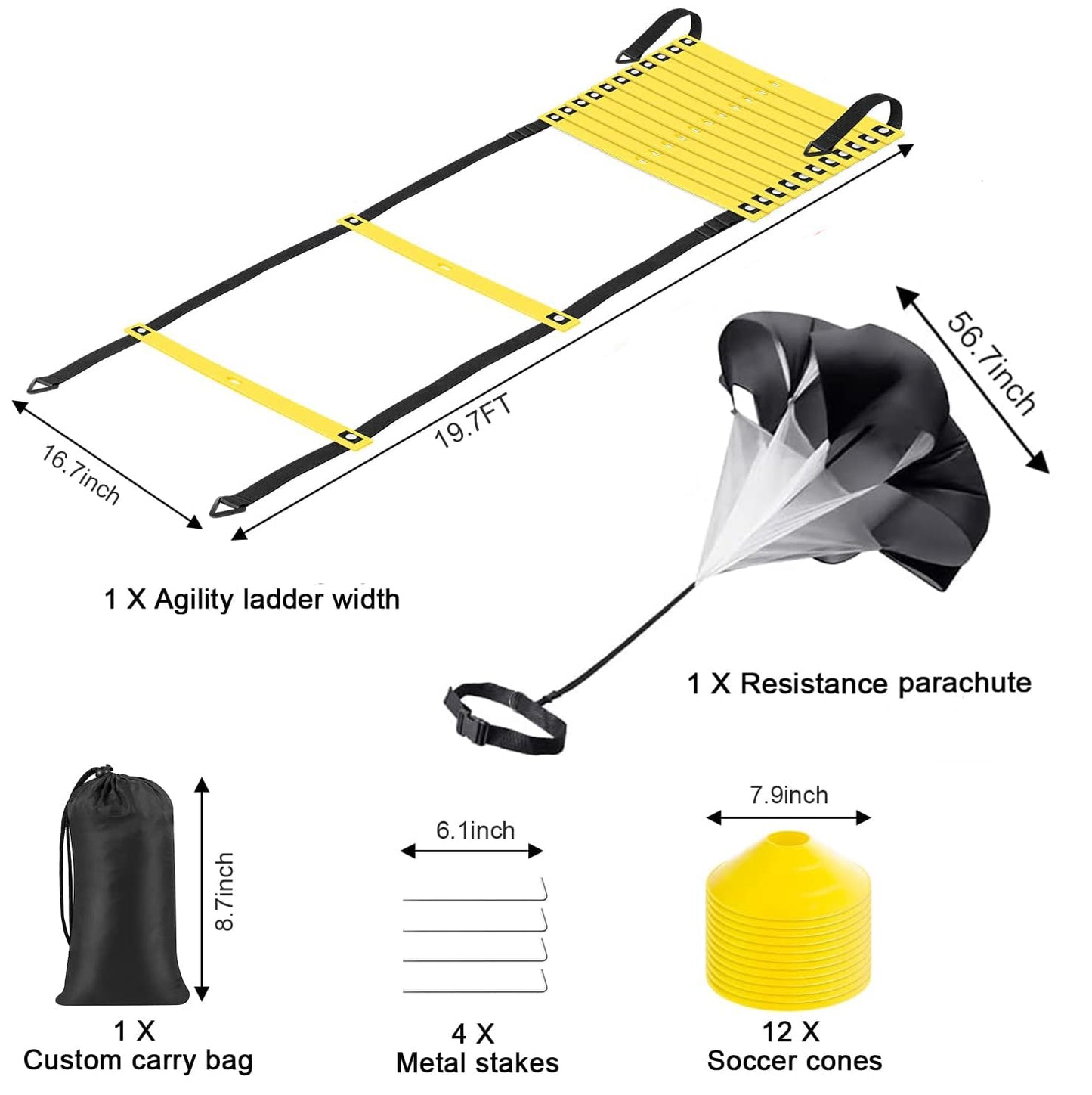 LAMOOER Speed Agility Ladder Training Set, Soccer Football Training Equipment Includes 12 Rung 20Ft Agility Ladder, 12 Disc Cones, 4 Steel Stakes, Resistance Parachute & Carry Bag