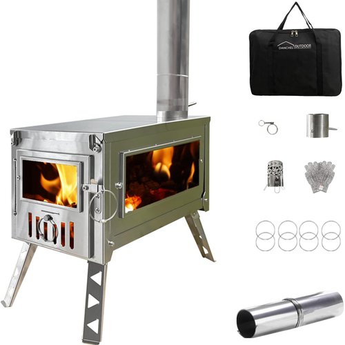 DANCHEL OUTDOOR HS6 Hot Tent Stove with Secondary Combustion & Viewing Window, Portable Camping Wood Stove 304 Stainless Steel with 8.2ft Pipe for Winter Cooking, Hunting