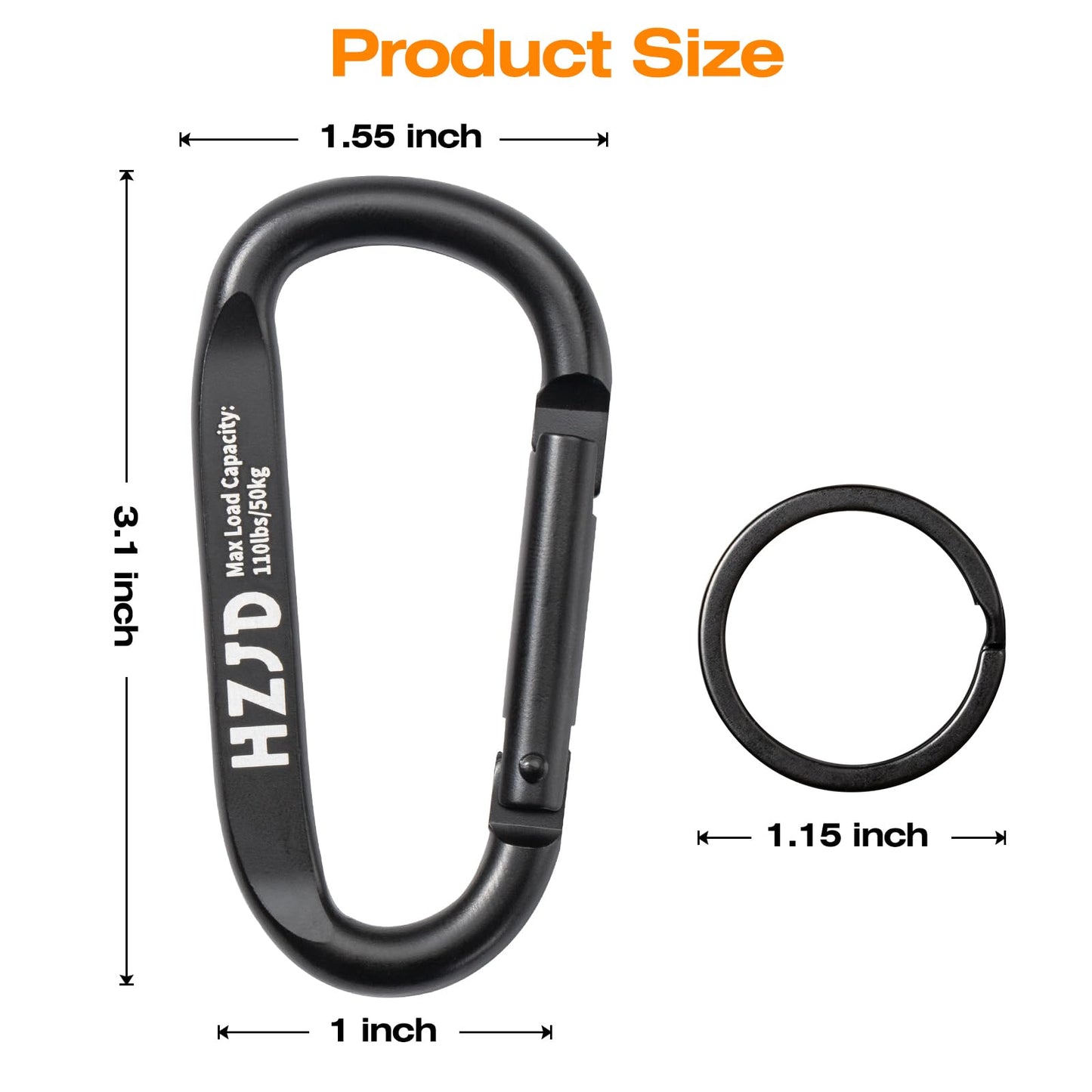HZJD Carabiner Caribeaner Clip, 110lbs, 3" Aluminum Heavy Duty Black(2PCS)