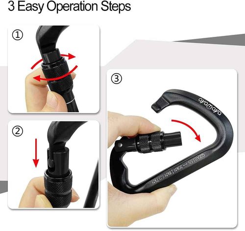 Heavy Duty Ayamaya Climbing Carabiners - 3 Pack Screwgate Locking 30KN for Rock Climbing & Rescue
