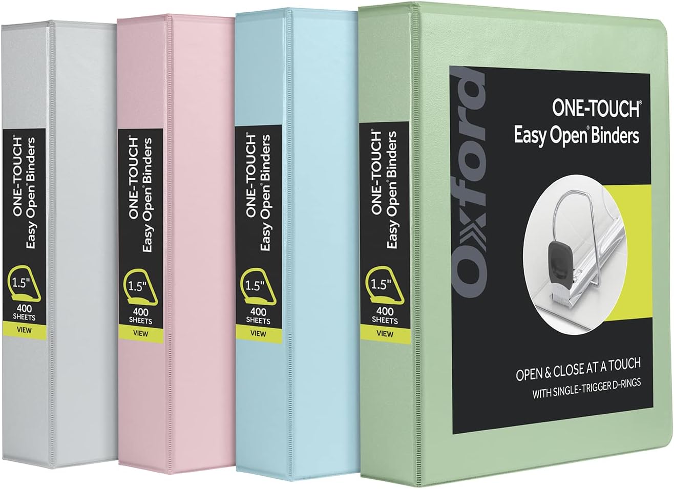Oxford 3 Ring Binders, 2 inch ONE-Touch Easy Open D Rings, 3-Sided View Binder Covers, Binders for School, Xtralife Hinge, Non-Stick, PVC-Free, Natural Pastel, 530-Sheet Capacity, 4 Pack (79923)