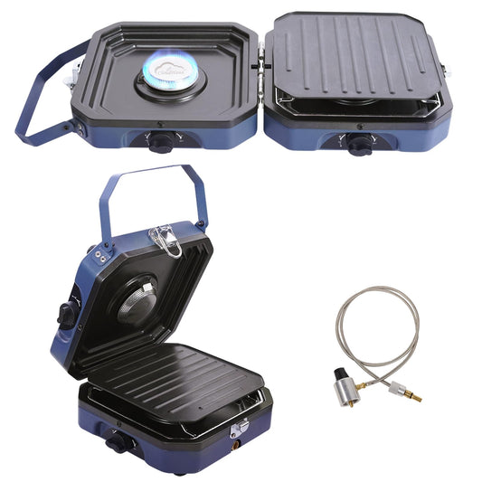 2 Burner Propane Camping Stove with Grill - CloudHand Foldable Camp Stove with 16,000 BTU, Two Adjustable Burners with Piezo Ignition & Easy Carrying Handle (Blue) (Large)