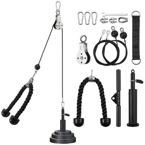 VINTEAM Pulley System, Pulley Cable Machine DIY Workout Accessories with Tricep Rope, LAT Pull Down Bar, Gym Cable for Triceps Extensions, Biceps Curl, Forearm (Tricep Rope +Straight Bar)