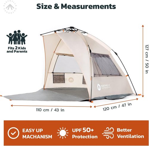 Easthills Outdoors Instant Shader Deluxe XL Beach Tent Easy Up 99" Wide for 4-6 Person Sun Shelter - Extended Zippered Porch Included Blue