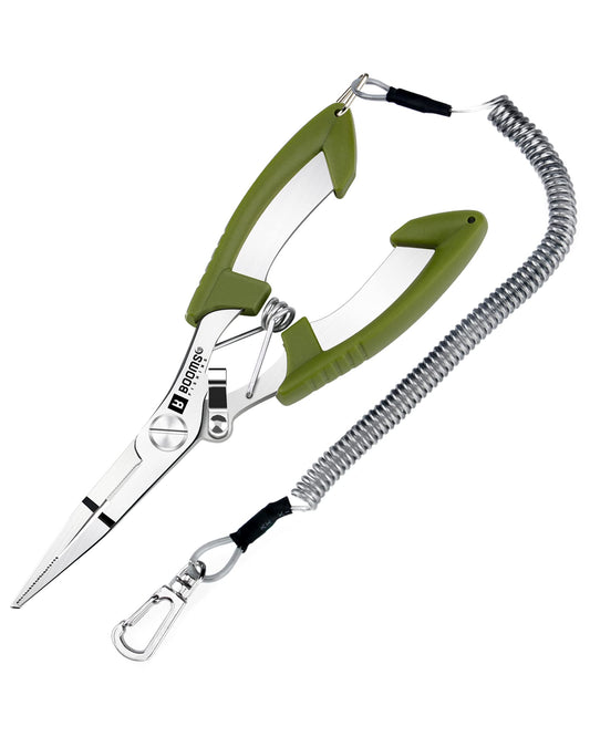 Booms Fishing H01 Small Fishing Pliers Scissors Braid Cutters Lightweight Stainless Steel Fishing Tools Split Ring Pliers Hook Remover, Green