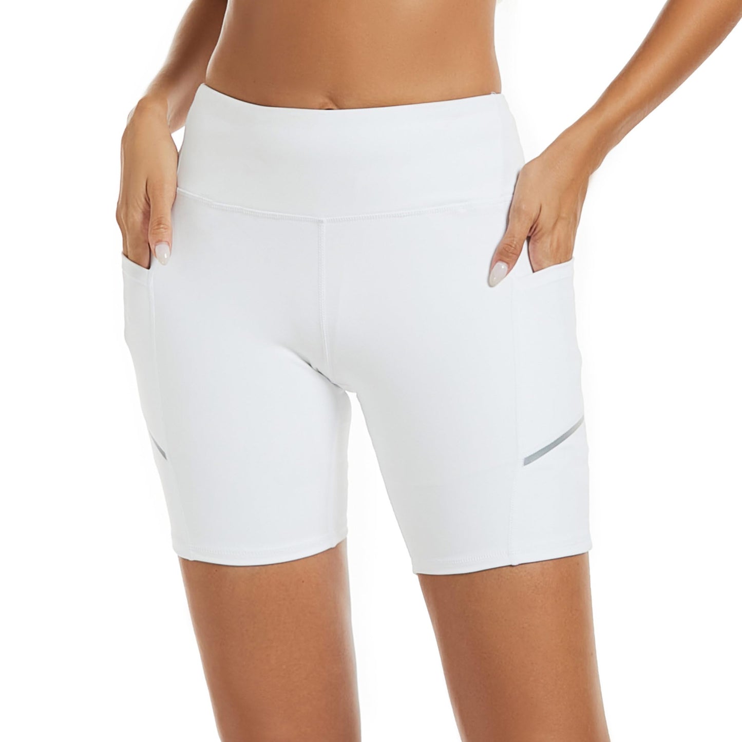 adorence White Biker Shorts Women with Tummy Control, High Waisted Shorts Women, Yoga Shorts with Pockets for Women- White M