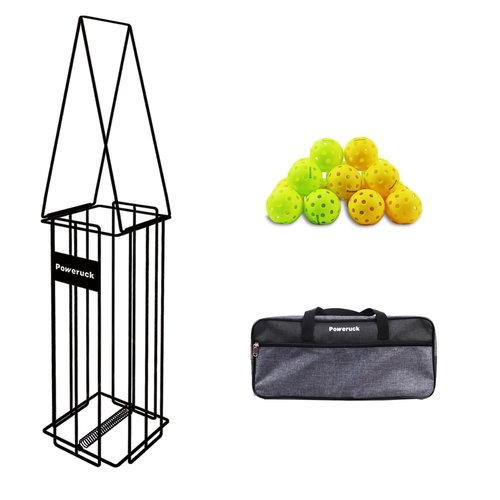 Poweruck Pickleball Tennis Ball Hopper Set with 20 Outdoor Pickleball Balls, Ball Basket Holder, Court Equipment for Beginner, Black