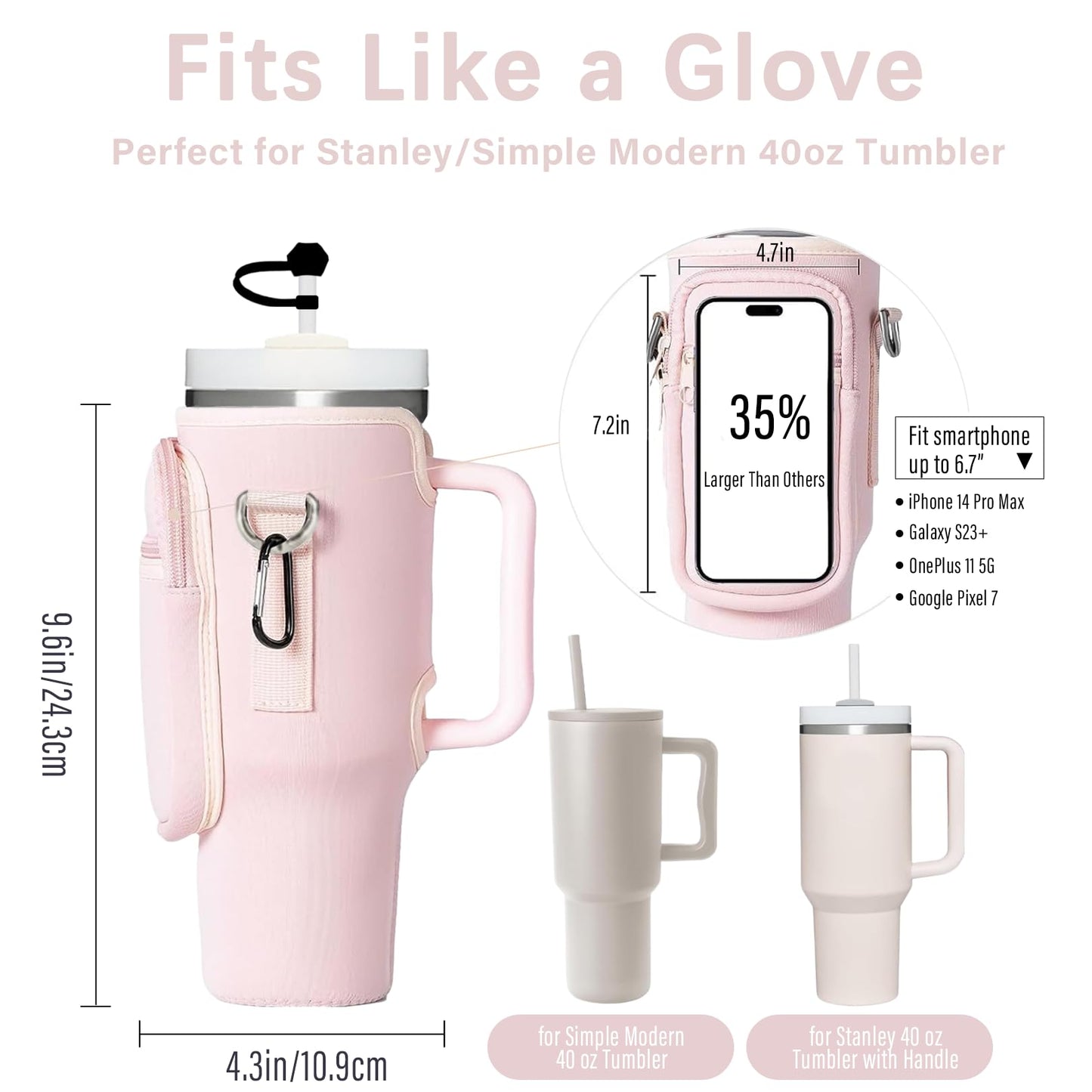 Adoryoung Cup Carrier Holder Bag with Stanley Strap, Metal Hook Loop, Stickers Cup Cover Tumbler Accessories for 40 oz Stanley, Water Bottle Pouch Holder Sling Crossbody Bag with Strap Walking (Pink)