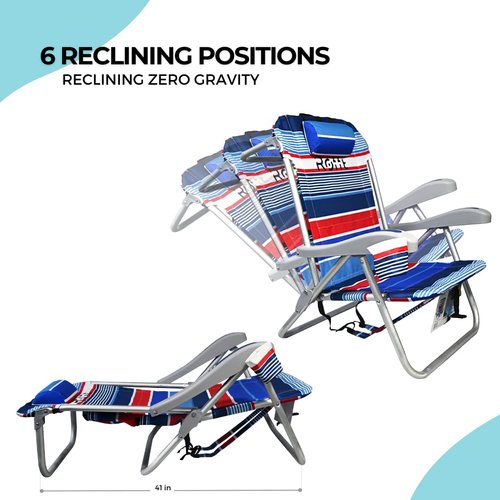 ROFFT Heavy Duty Beach Chair 6 Positions Reclining for Adults Folding Lightweight with Backpack Straps Cooler Cup Holders Big Storage Pillow and Towel bar Lay Flat Position