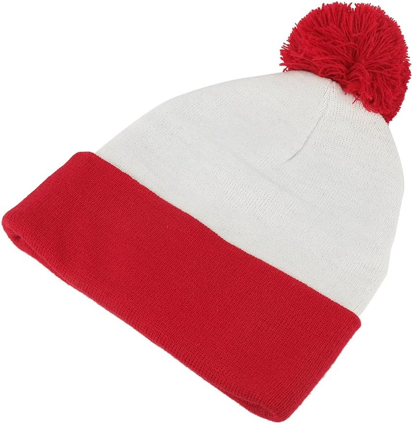 Armycrew Red White Striped Pom Pom Cuff Beanie Hat