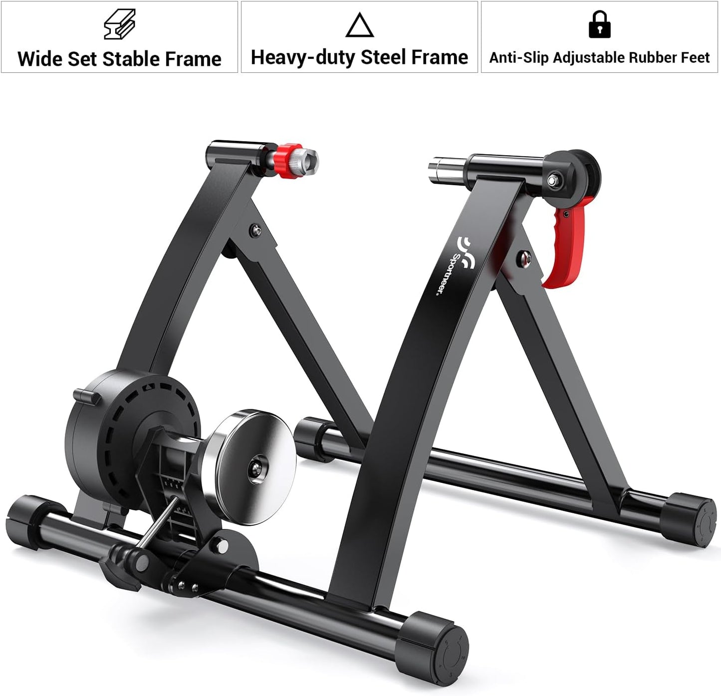 Sportneer Bike Trainer - Magnetic Stationary Bike Stand for 26-28" & 700C Wheels - Adjustable 6 Level Resistance Bike Trainer Stand for Indoor Riding with Quick Release Lever & Front Wheel Riser Block