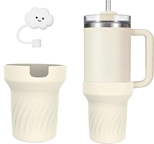 Silicone Boot Cover for stanley cup protector boot,Silicone Water Bottle Sleeve for Stanley Quencher H2.0 and Quencher Adventure Tumbler 40 oz/30 oz/20 oz Cup ，Straw Protectors (20/30oz, Cream)