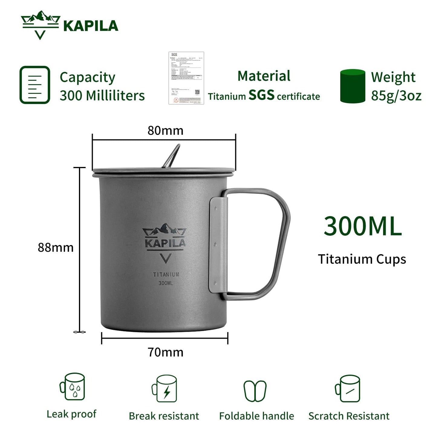 KAPILA 300ml -750ml Titanium Cup/Pot Lightweight Backpacking Camping Mug Foldable Handle Titanium Pot with Lid Camping Hiking Picnic Open Fire Cooking (300ML)