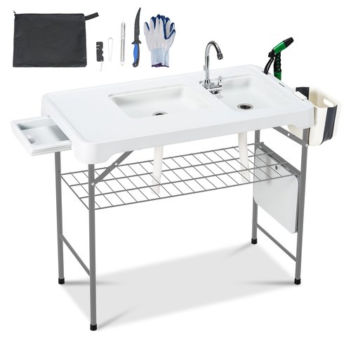 Dragosum 42'' Outdoor Fish Cleaning Table Portable Camping Sink Station with Double Sinks, Collapsible Swivel Faucet, Picnic Sink Table with 6pc Fish Cleaning Kit for Picnic Beach Patio (Grey)