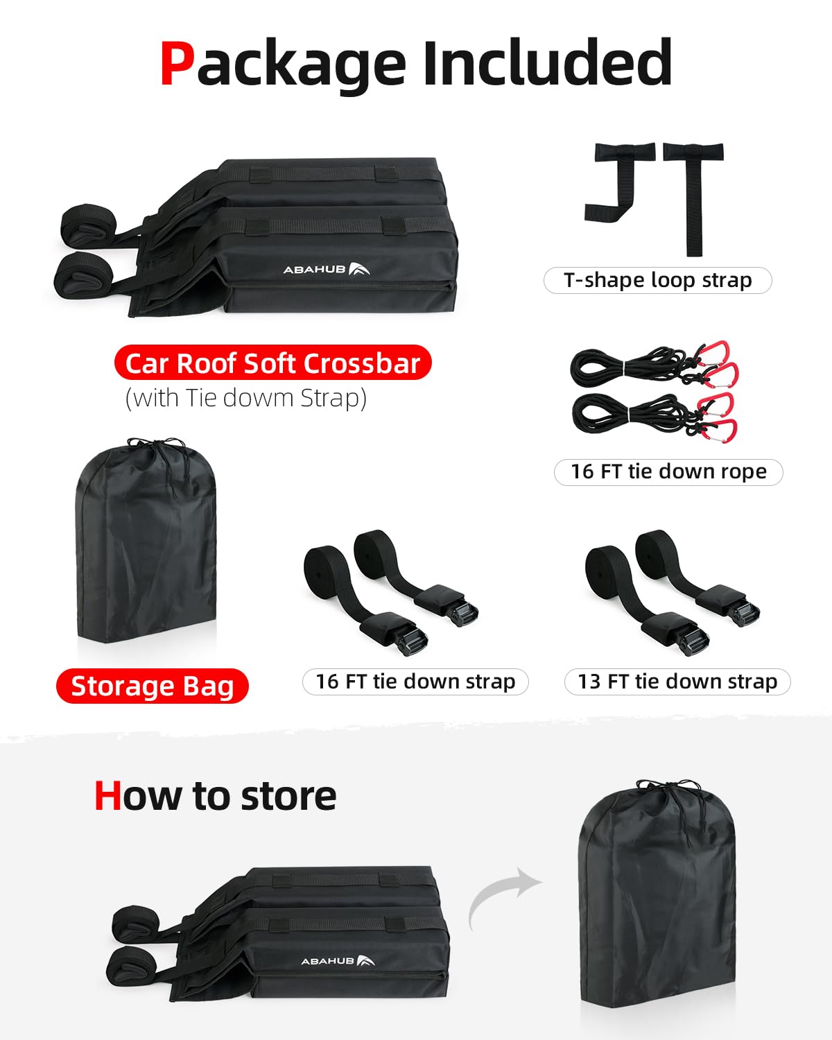 Abahub Car Soft Roof Rack Pads for Kayak,Canon,Surfboard,SUP Include 2 Tie Down Rope, 2 Quick Loop Strap, 2 Heavy Duty Tie Down Straps and a Storage Bag(Black)