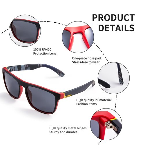 XYSRXWY Polarized Sunglasses for Men Women, UV400 Protection Classic Sunglasses Ideal for Driving Cycling and Running (Black &Red Frame - Black)