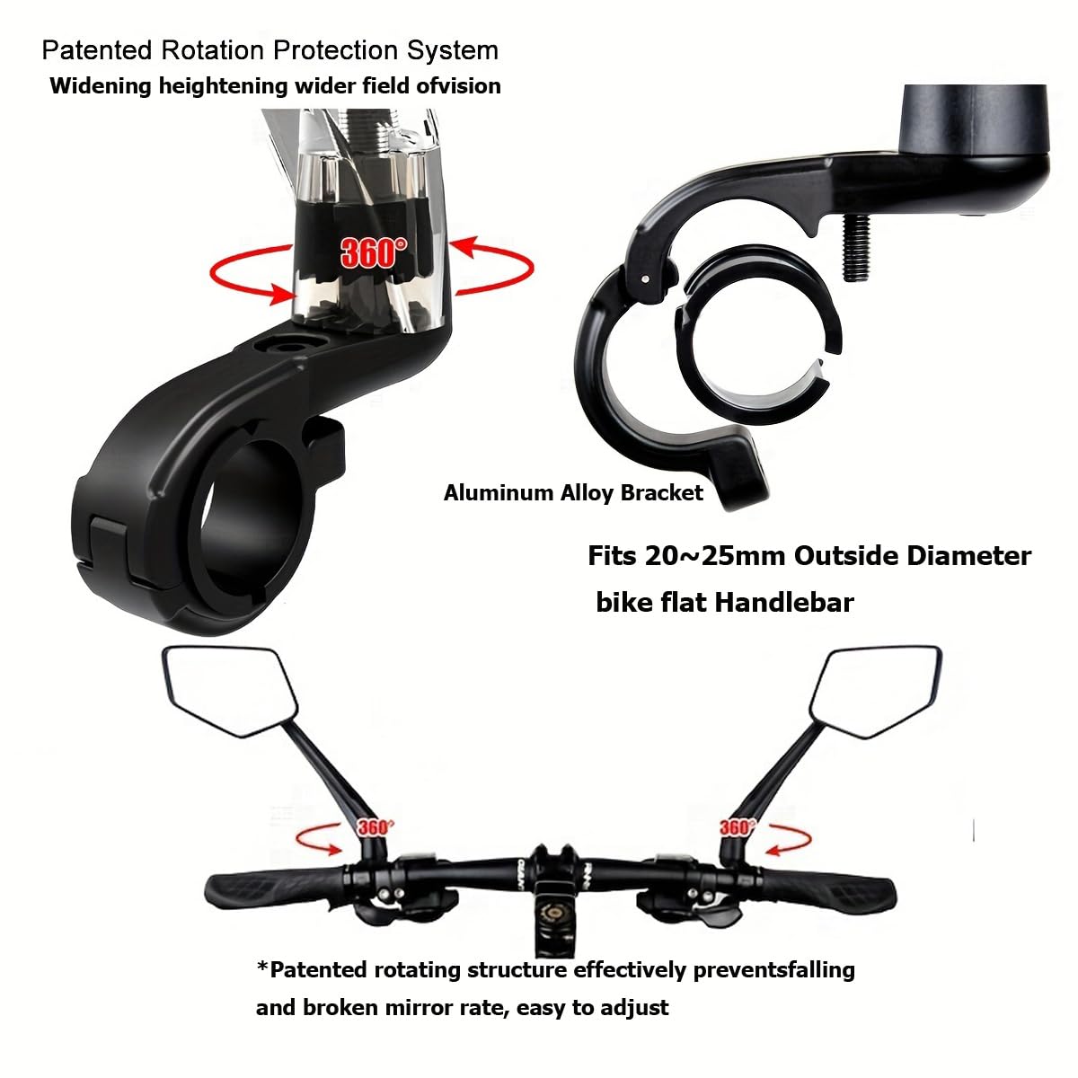 DRCKHROS Bike Mirror Handlebar Mount E-bikes Bicycle Mirrors, Anti-Shake 360° Rotatable High-Definition Shockproof Explosion-Proof Wide-angle Rear View Convex Mirror for bike bicycle ebike