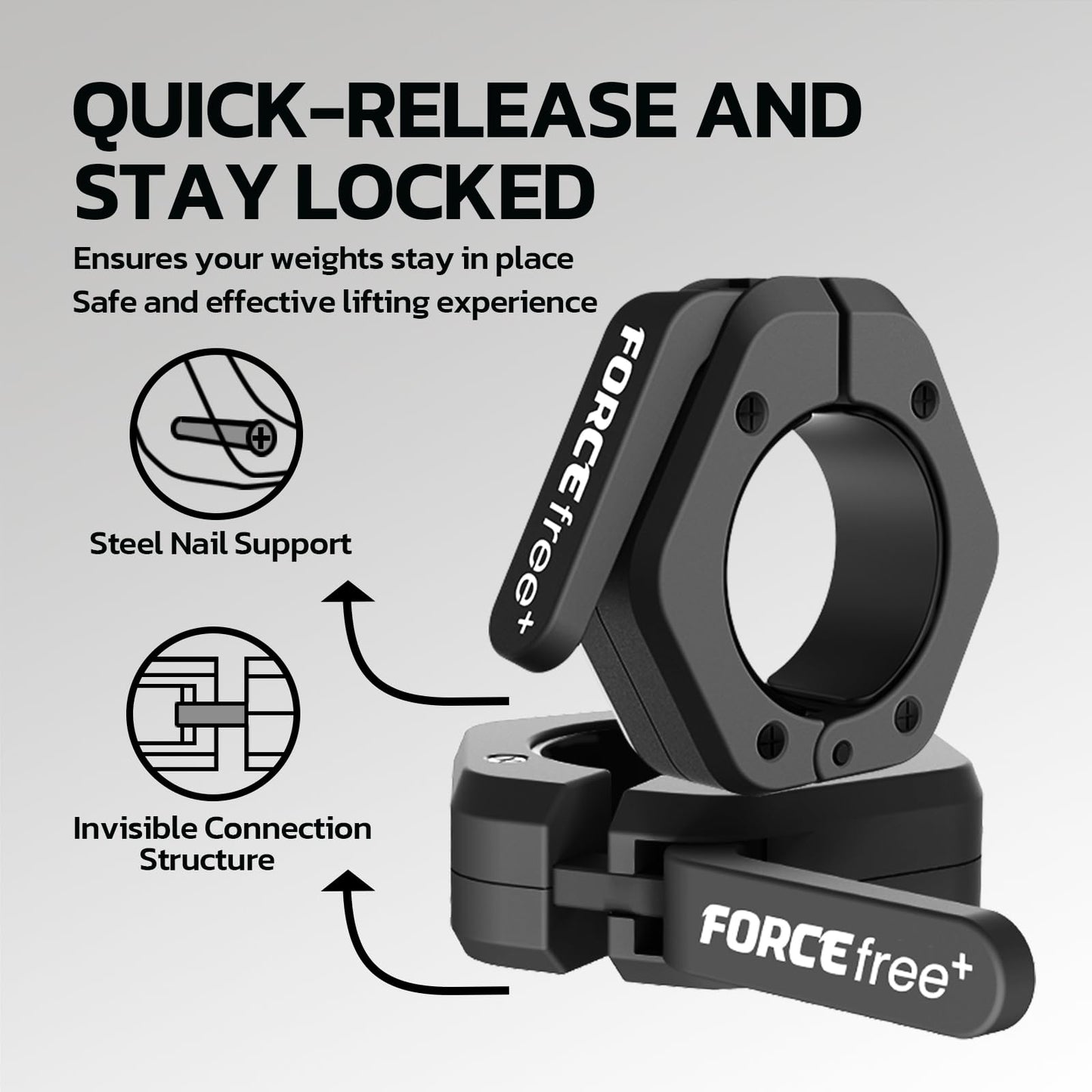 Forcefree+ Barbell Clips (Pair), Barbell Clamps, Quick Release Olympic Barbell Clamps with Anti Slip TPR Grip, Barbell Collars for Secure Weightlifting & Powerlifting (NO MAG, Black)