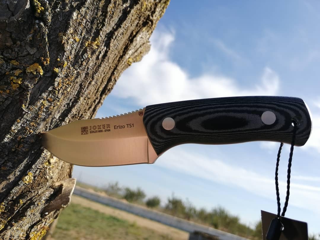 Joker "Erizo TS1 Sports Survival Knife, 2.95-inch Blade, Includes Kydex Sheath, 550 Paracord, Fishing, Hunting, Camping, and Hiking Tool (BLACK MICARTA, KYDEX SHEATH)