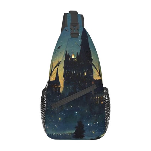 Wizard Castle Halloween Sling Bag Crossbody Backpack for Women Men Hiking Travel Bag Pouch Small Daypack Casual Pack Lightweight Cross Chest Bag Outdoor