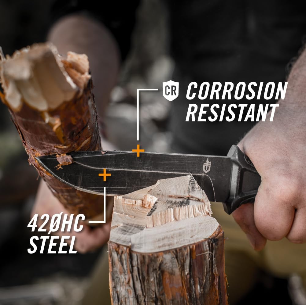Gerber Gear StrongArm - Fixed-Blade Camping & Hunting Knife with Striking Pommel & Sheath - Premium Survival Gear - Made in USA - Black, Plain Edge