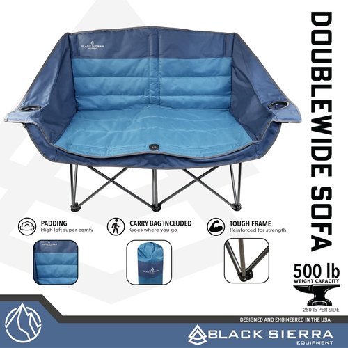 Black Sierra Double Padded Folding Camping Chair, Oversized Folding Camp Sofa, Portable Outdoor Loveseat Supports 500 lbs, Perfect for Beach, Tailgating, RV, Sports, Patio