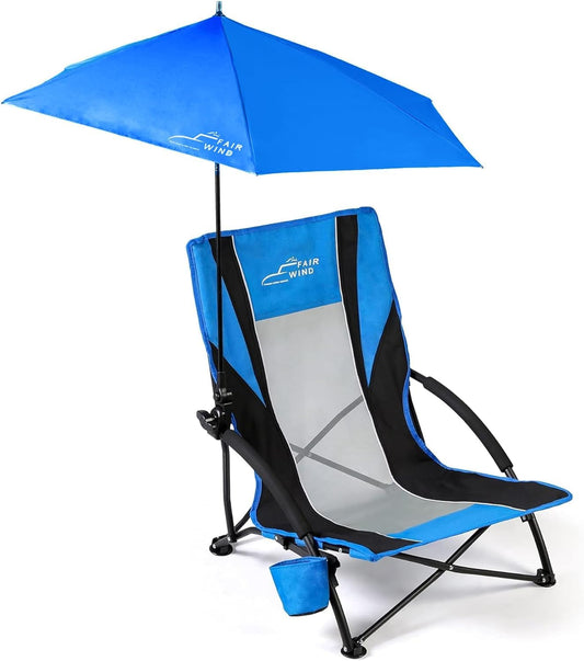 FAIR WIND 1 Pack Beach Chair with Umbrella for Adults Shade Chair Folding Backpack Portable Concert Bag Sand Chair with Cup Holder - Navy Blue with Black