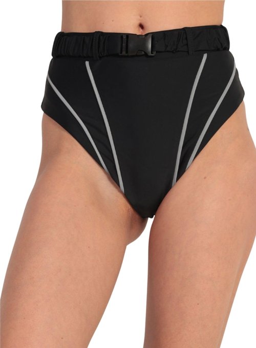 Womens Reflective Rave Booty Shorts - High Waist Thong Bottom Buckle Waistband EDC Pole Dance Pants Festival Outfit(Black,L,13172a)