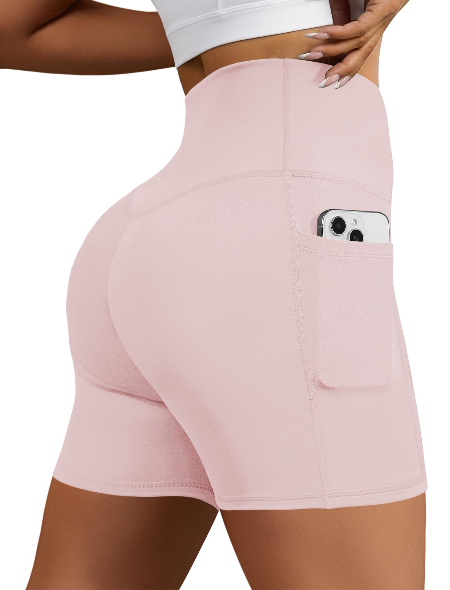 DLOODA Biker Shorts for Women, High Waisted Yoga Workout Tummy Control Spandex Compression Gym Running Shorts with Pockets Pink