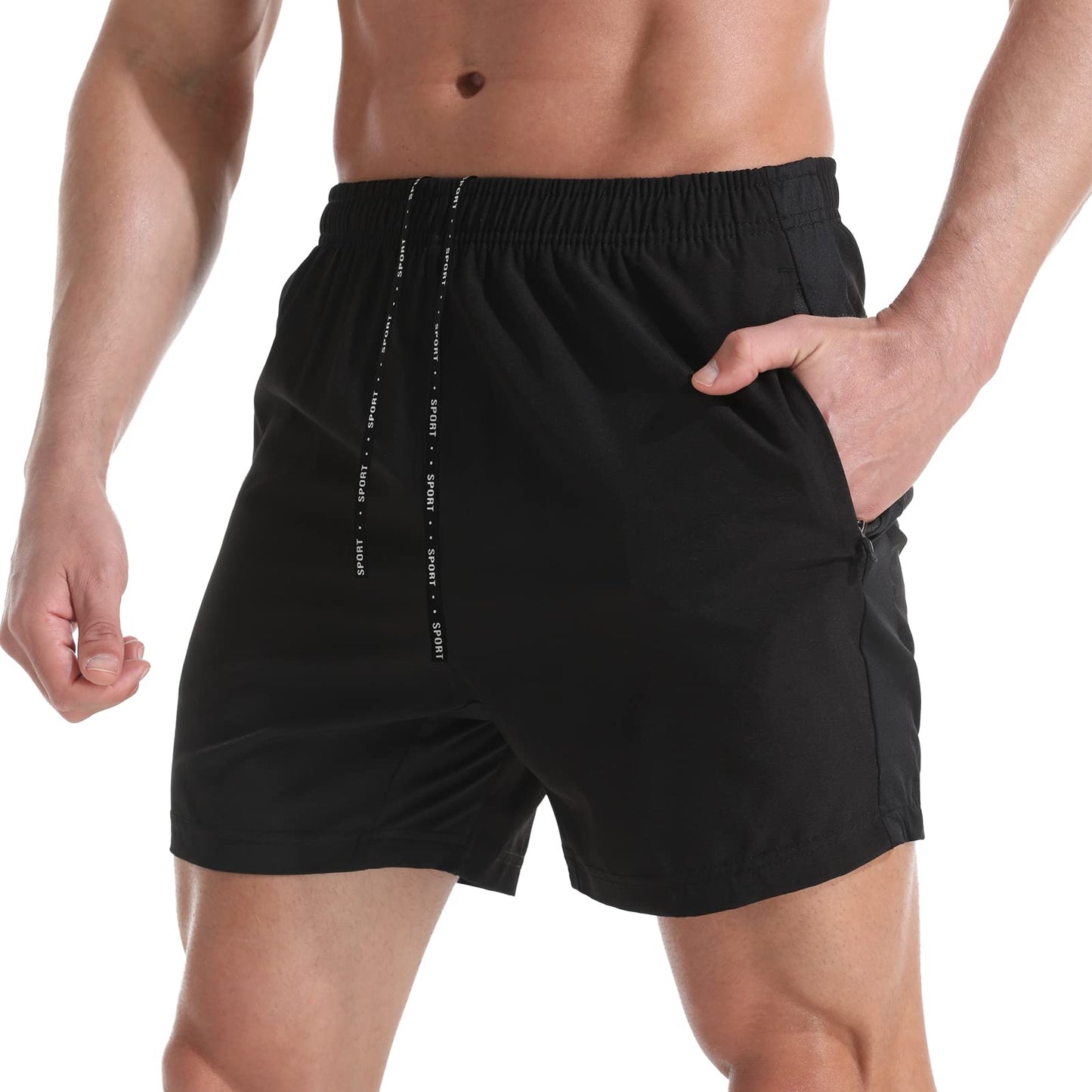 VPOS Gym Shorts for Men 5 Inch - Lightweight Mens Athletic Shorts Quick Dry Workout Running Shorts with Zipper Pockets (Black, Large)