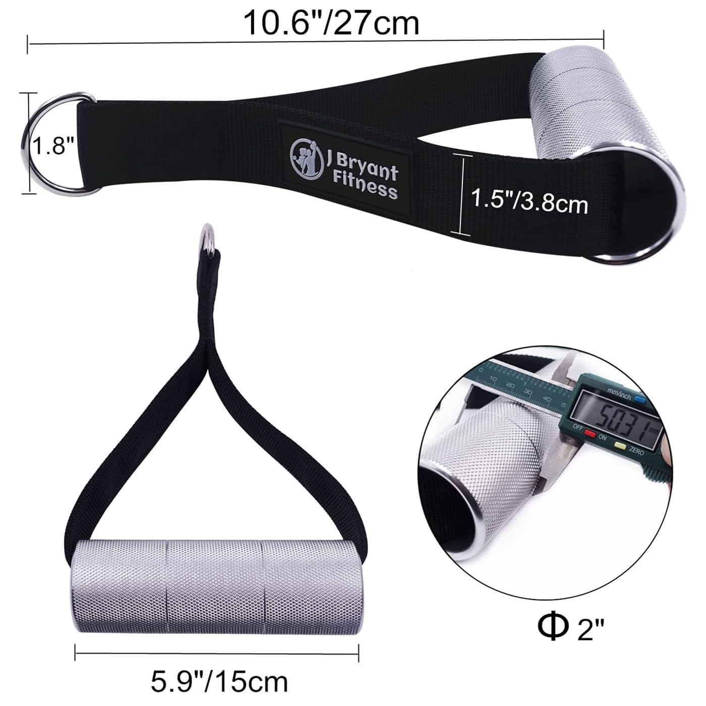 J Bryant Thick Gym Handles 2" Strong Grips Non Slip High Density Aluminum Metal Handles for Cable Machine Pulleys, Arm Wrestling Training, Wrist Finger Forearm Strengthener(1 Pair)
