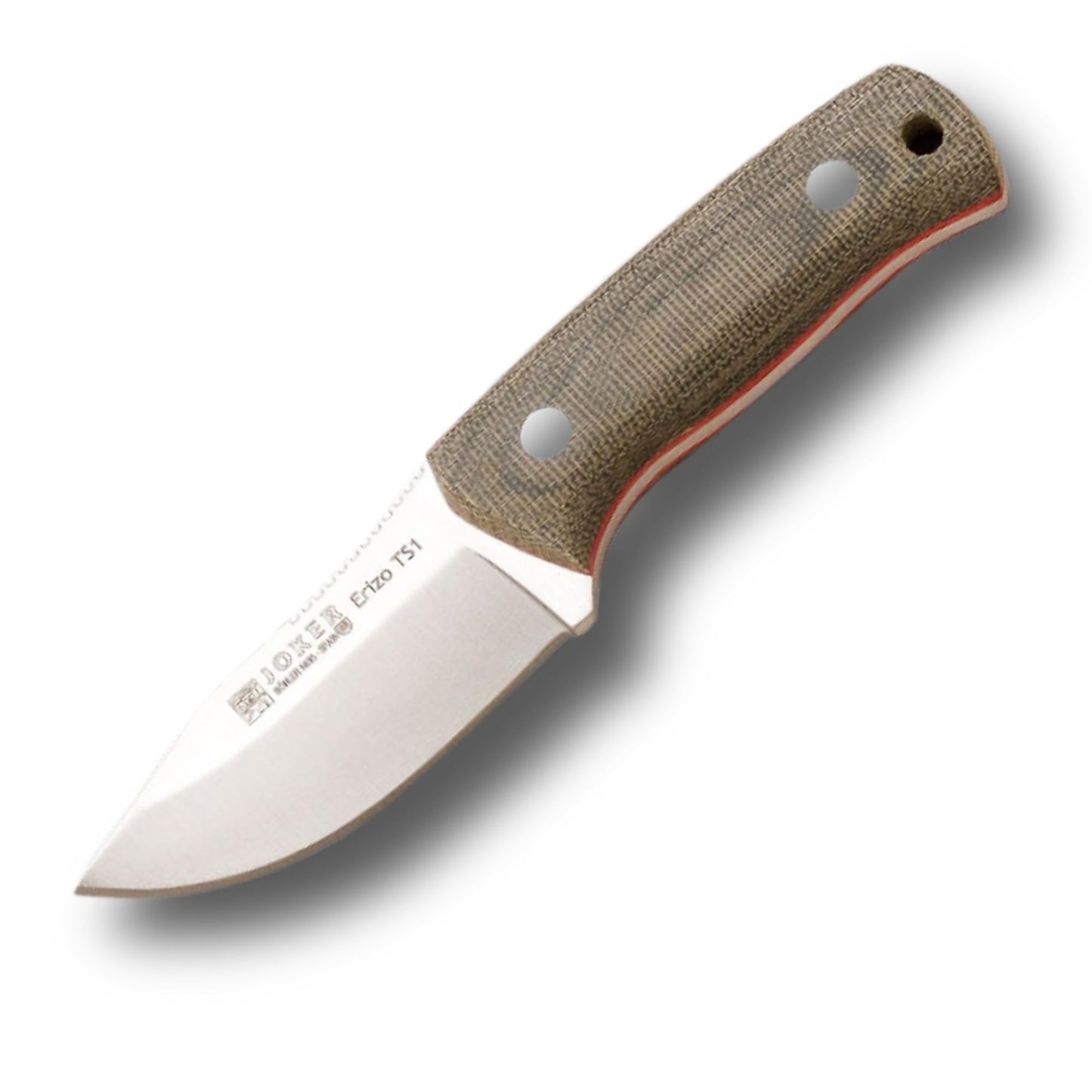 Joker Erizo TS1 CV81 Knife. Bushcraft Hunting Knife with Böhler N695 Steel and Green Canvas Micarta Handle. 2.95-inch Blade. Includes Black Leather Sheath.