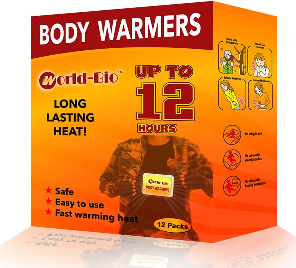 WORLD-BIO Body Warmers for Cold Weather, Heat Warmer Patch Disposable with Adhesive Backing Gives Hours Warm - 10/12/20/32/40 Packs, Hand Warmers Long Lasting Safe Natural Odorless