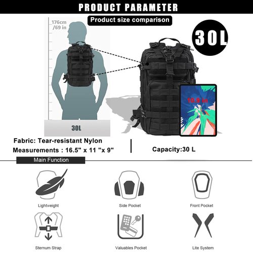 Miramrax Small Tactical Backpack Military Daypack - 30L Backpack for Men Molle Assault Pack Bug Out Bag for Hiking Camping Travel Army Hunting Rucksack Trekking (Black)