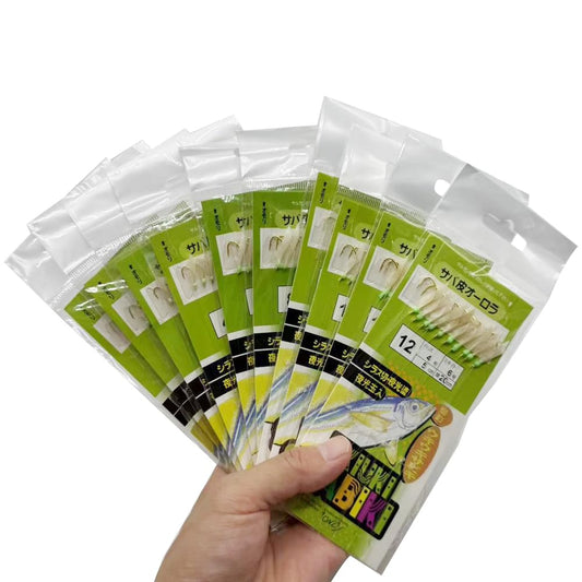 10 Packs/100 Hooks Luminous Sabiki Rigs Lures Size: 4# 6# 8# 10# 12# Fishing Lure Bait Rigs Glow Fish Skin/Lure/High Carbon Steel Hooks for Fresh/Saltwater