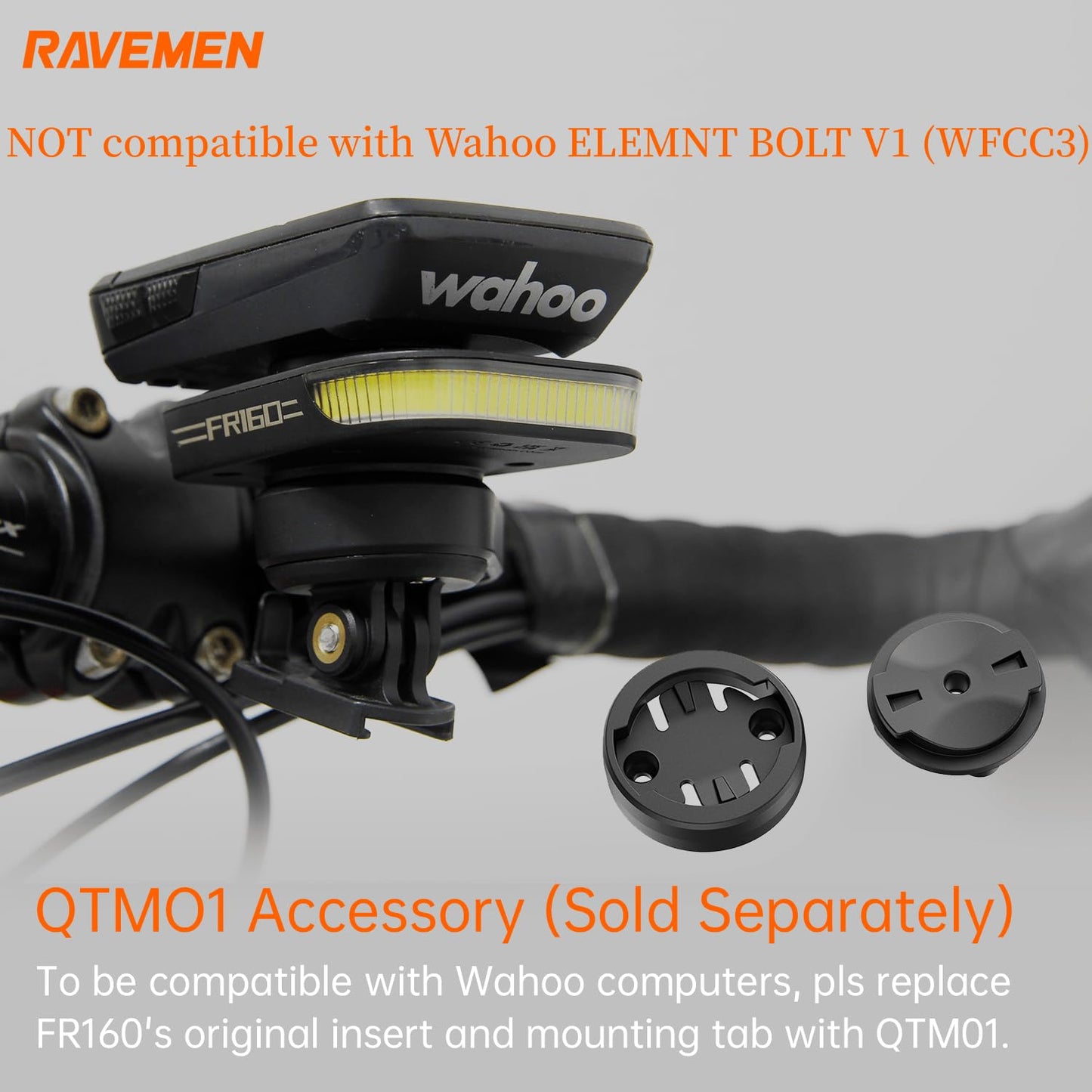 RAVEMEN FR160 Compatible with Wahoo Bike Computers and Mount, IPX6 Waterproof Auxiliary Bike Headlight with 160 Lumens Warning Flashing Mode for Road Bike Riding Safety (QTM01 Included)
