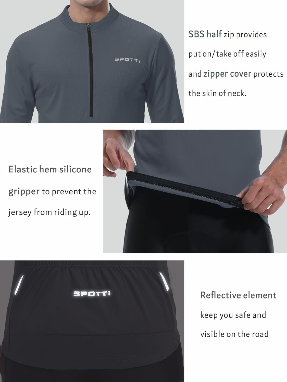 Spotti Men's Cycling Bike Jersey Long Sleeve with 3 Rear Pockets - Moisture Wicking, Breathable, Quick Dry Biking Shirt