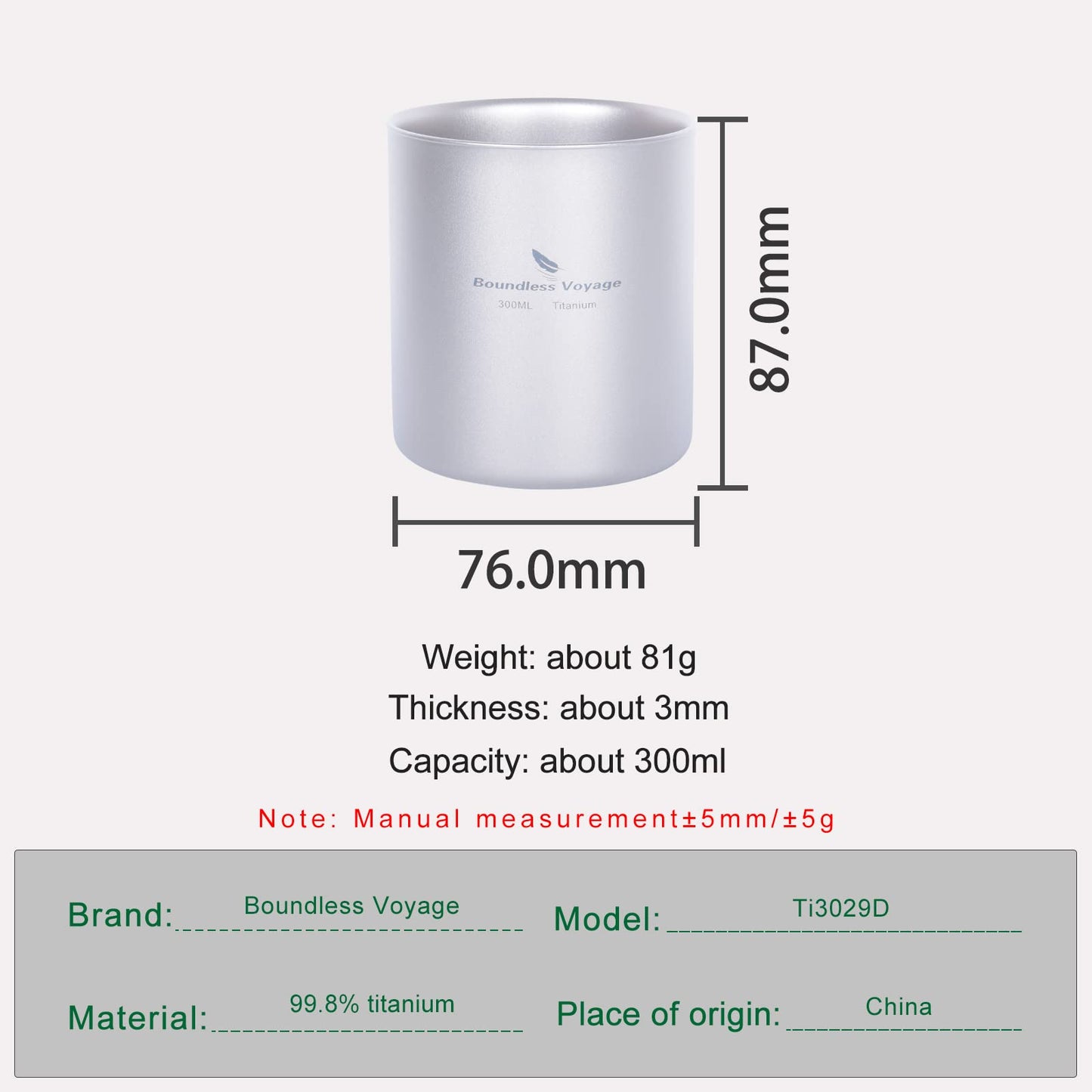 iBasingo 300ml Titanium Double-Walled Cup Ultralight Camping Tea Coffee Mug Metal Cold Hot Insulated Drinking Mug Portable Tableware for Outdoor Travel Hiking Backpacking Picnic Daily Used Ti3029D