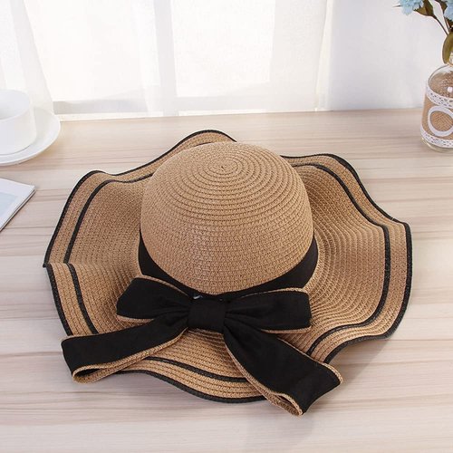 Women's Wide Brim Straw Hat, Summer Beach Sun Protection Hat with Bowknot (Khaki)