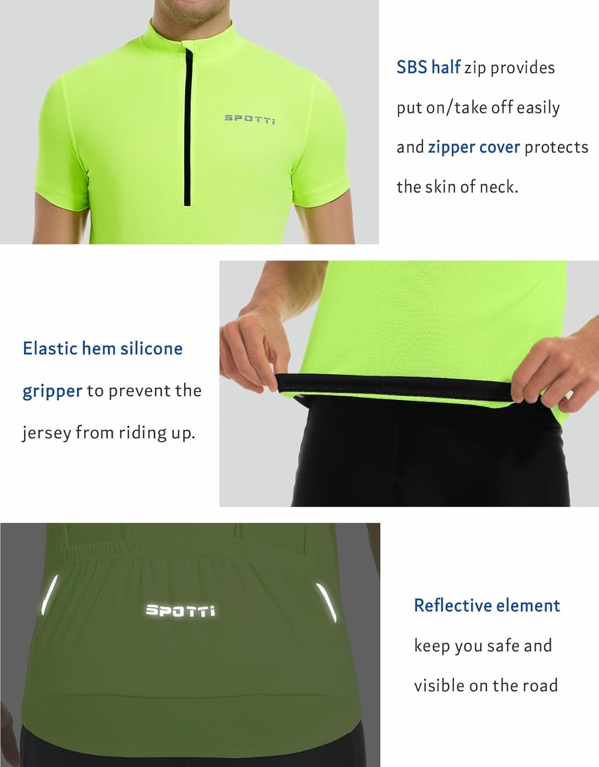 Spotti Men's Cycling Bike Jersey Short Sleeve with 3 Rear Pockets- Moisture Wicking, Breathable, Quick Dry Biking Shirt