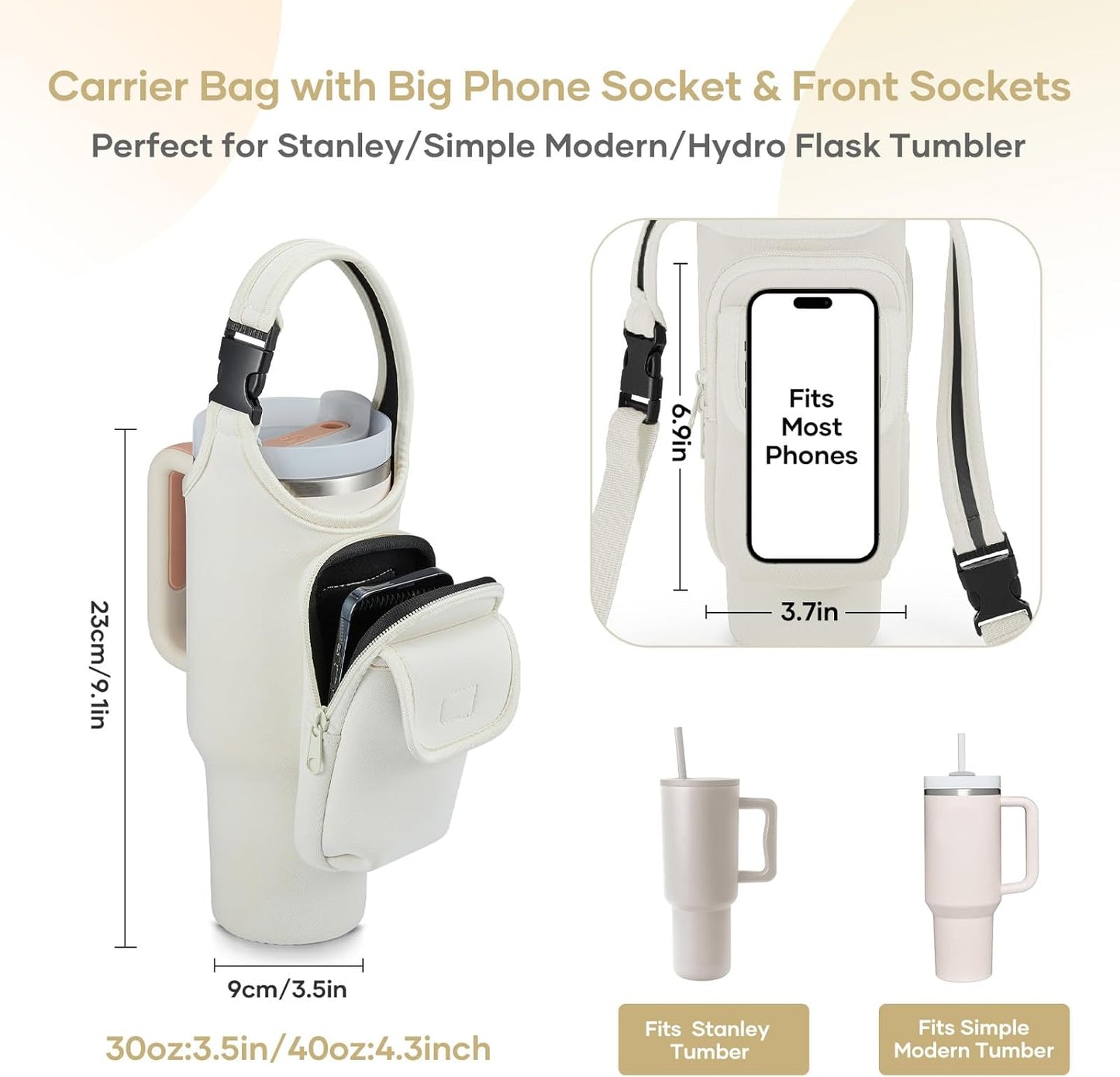 Insulated Neoprene Carrier Bag for Stanley 40/30oz Tumbler | Phone & Flap Pockets
