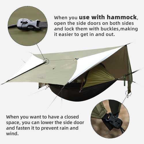 Travel Bird Ultralight Tarp, 14ft Hammock Rain Fly Lightweight Waterproof Camping Tent Tarp with Doors, Bushcraft Tarp Shelter for Backpacking Hiking Camping