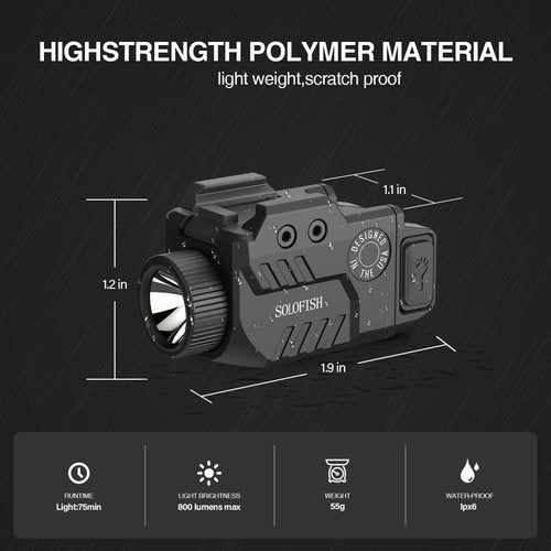 Solofish 800lm Slidable Pistol Light with Strobe & Momentary, Shockproof Gun Flashlight W/Power Level Indicator, Compatible with Picatinny Rail (21±0.5MM Width), Rechargeable