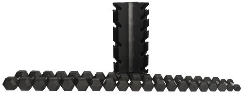 Signature Fitness 550LB Rubber Coated Hex Dumbbell Weight Set with Vertical and Spinnable Storage Rack, 5-50 lbs Pairs, Multiple Package